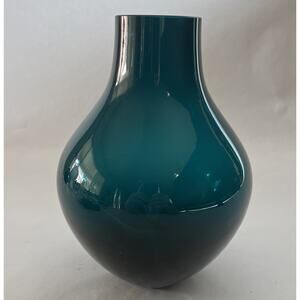 Vintage Peacock Blue Art Glass Vase • 1970s MCM • 10″ × 7.5″